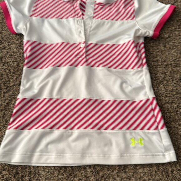 Under Armour Polo Shirt Size Medium Pink White Golf - Picture 4 of 6